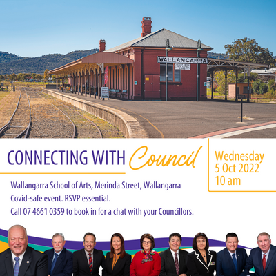 Picture contains photographs of all of the councillors and event details underneath a photograph of Wallangarra Railway Station.